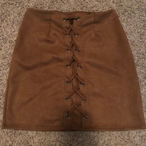 Brown suede skirt with ties in front